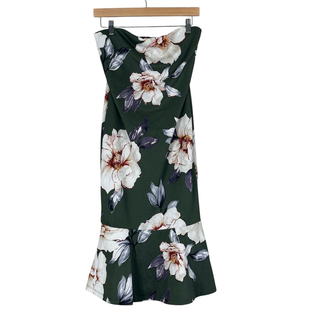 Haute Monde Strapless Flounce Hem Dress Womens L Green Floral Ruffle Tropical